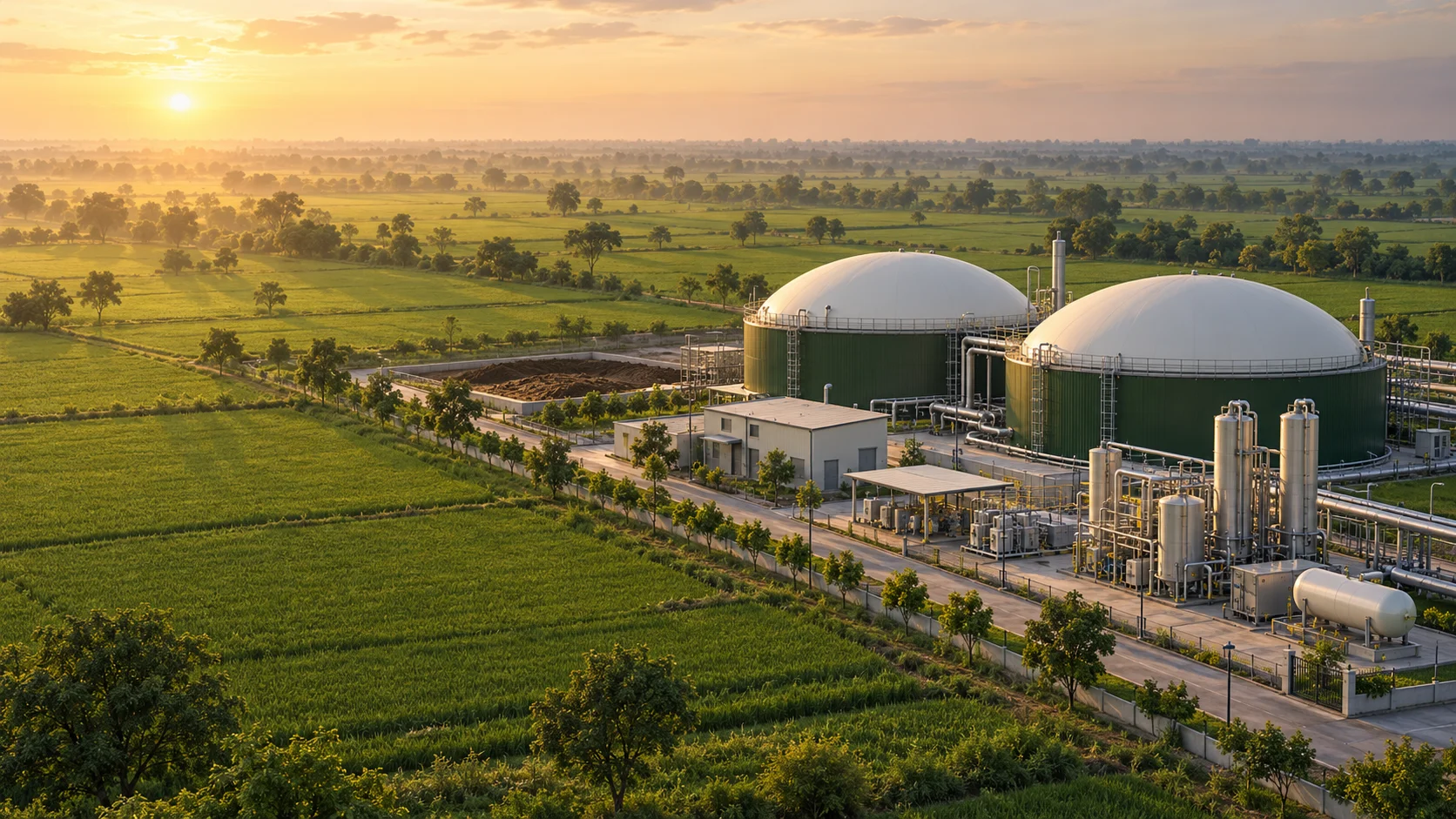 Concept illustration of a modern biogas facility surrounded by green agricultural fields at sunrise